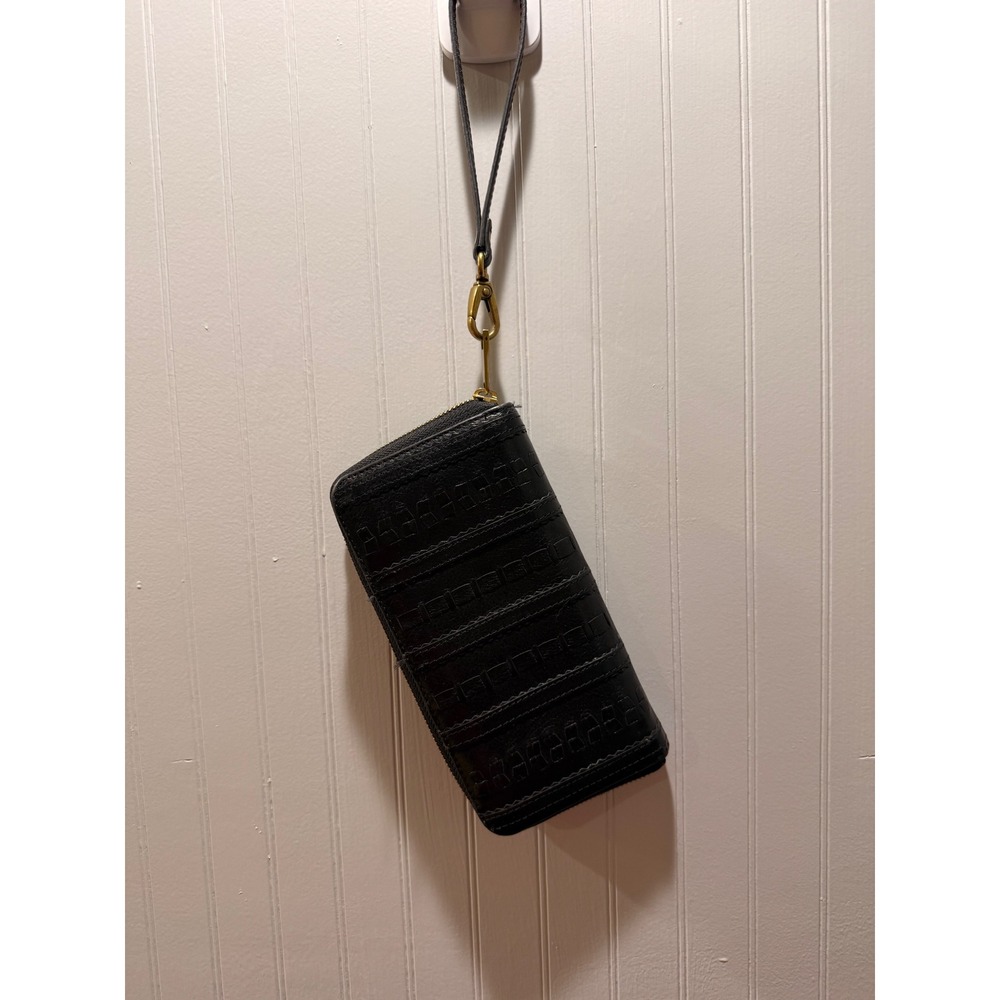 Fossil Black Leather Embossed Zip Around Wristlet Wallet Boho Geometric